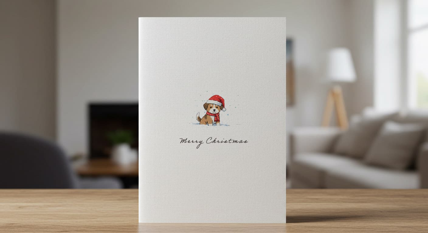 White linen Christmas card with a puppy in a Santa hat and red scarf sitting in the snow