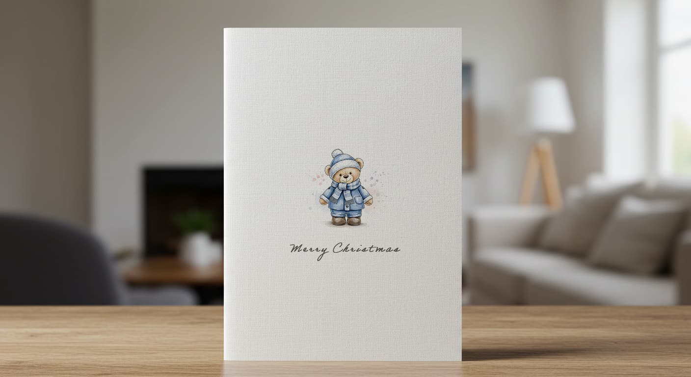 White linen Christmas card with a teddy bear in a blue winter coat, hat and scarf