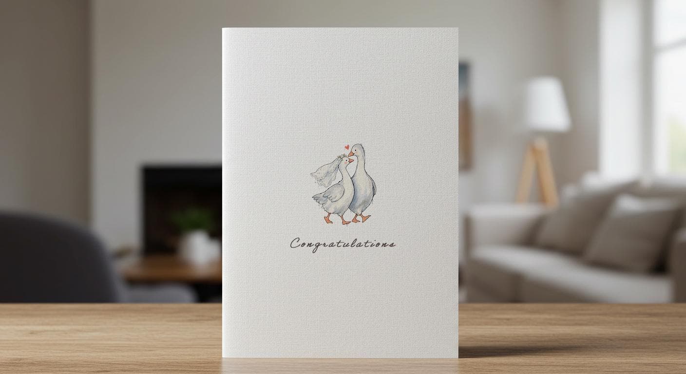 Linen congratulations card with two watercolour geese and a delicate heart, Congratulations lettered below