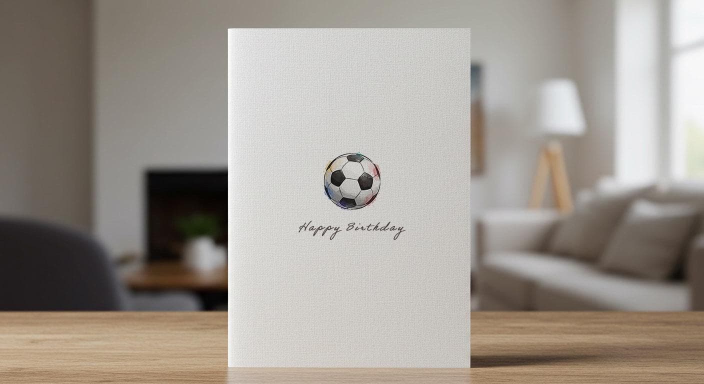 Linen birthday card with a watercolour football, standing on a table