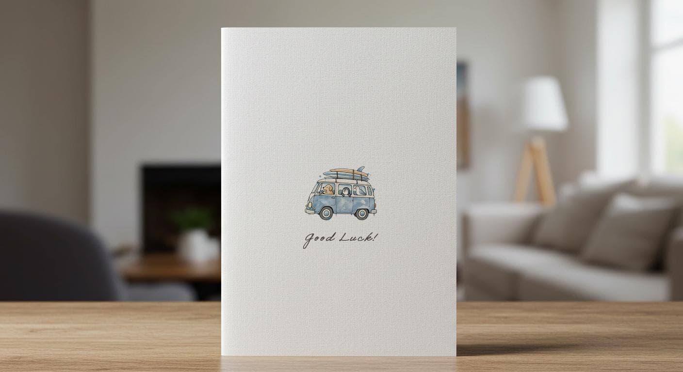 Linen good luck card with a watercolour vintage camper van packed with luggage for a journey