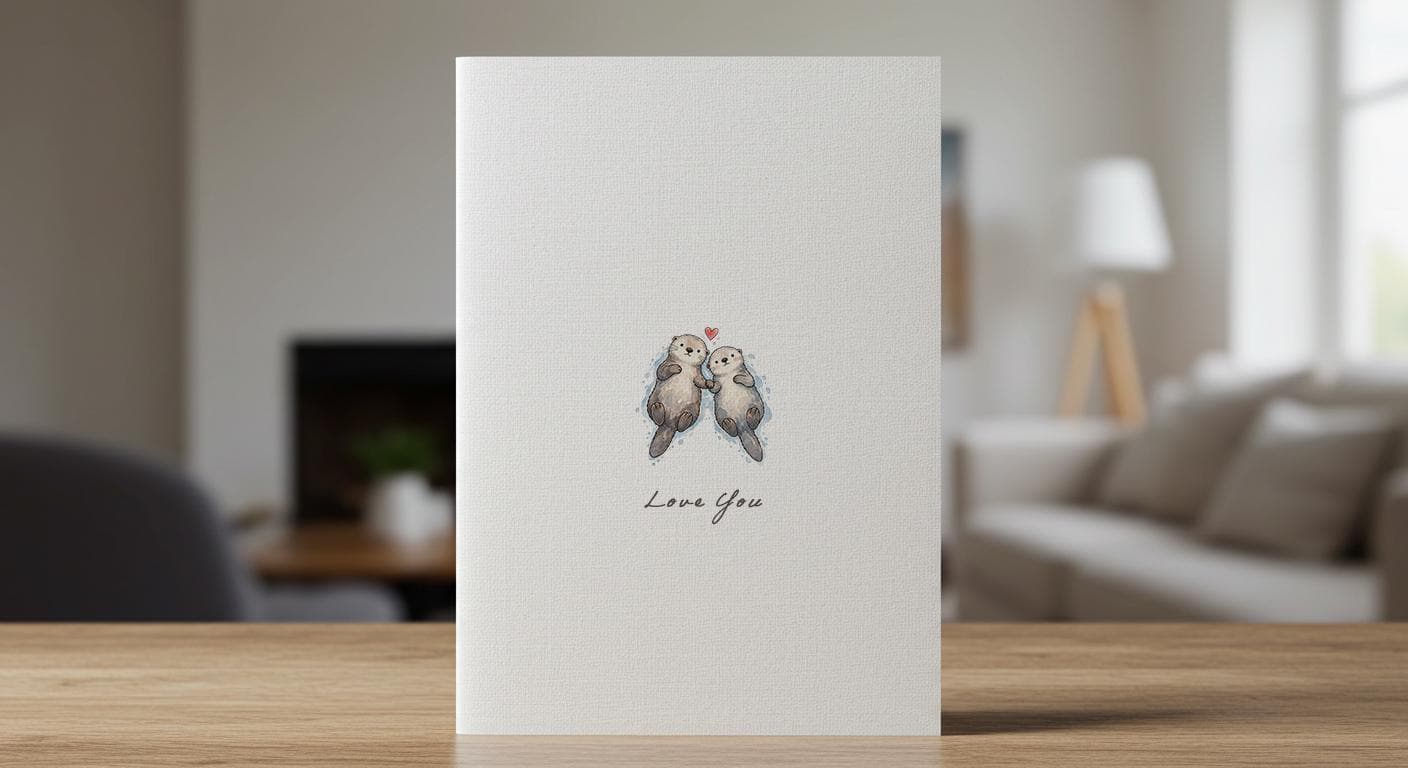 Linen card with two watercolour otters holding hands and Love You hand-lettered below