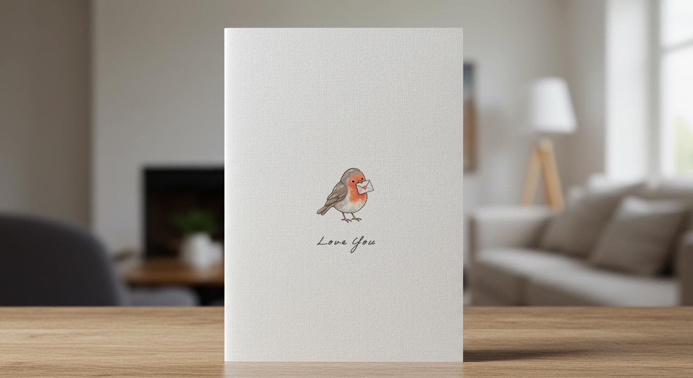 Linen card with a watercolour robin holding a love letter, Love You lettered beneath