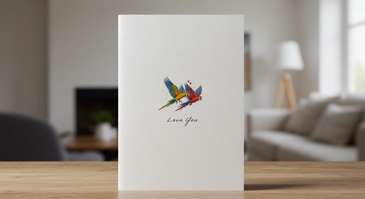 Linen card with two brightly coloured watercolour macaws and Love You lettered below