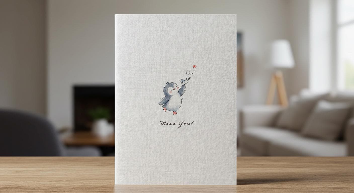Linen card with a watercolour penguin holding a red heart balloon and Miss You lettered beside it