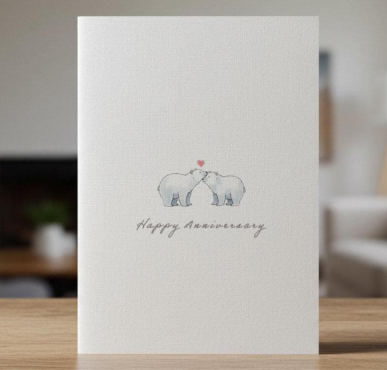 Linen card with two watercolour polar bears close together on a pale background