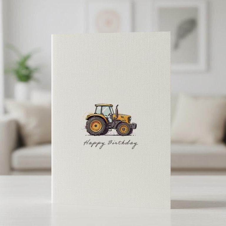 Linen birthday card with a watercolour tractor, standing on a wooden surface
